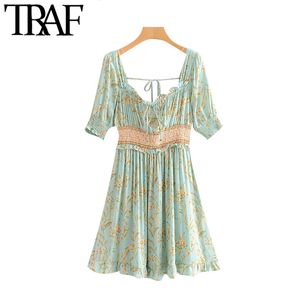 TRAF Kadınlar Bohemian Çiçek Baskı Ruffled Mini Elbise Vintage Kare Yaka Kısa Kollu Elastik Bel Yaz Plaj Elbiseler 210415