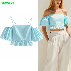 Vuwwyv Toppar Kvinna Blå Ruffle Crop Kvinnor Sommar Kort Puffhylsa Av Axel Blus Kvinna Retro Strap Tunik 210430