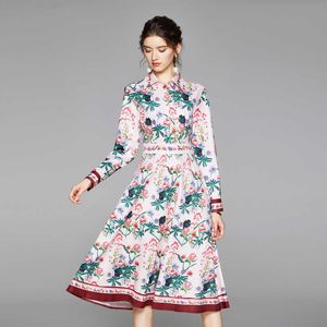 Autumn Fashion Runway Long Sleeve Midi Dresses Women's Elegant Party Floral Print High quality Holiday 210529