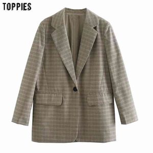 Kobieta Oversized Plaid Jacket Blazer Kobiet Długi Pojedynczy Przycisk Garnitury Damskie Dorywczo Odzież Formalne 210421