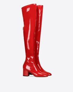 Stivali US4-11 Scarpe da donna con tacco a punta sopra il ginocchio e coscia in pelle verniciata Luxury Black Red Plus Sz