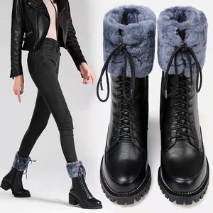 Fhanchu 2022新しい雪のブーツ女性ウォームウールの毛皮の冬の靴のマイドの子牛のハイブートサイドジパースティックスズソレロードトゥルックドロップシップ