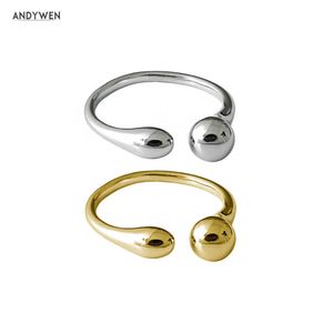 Andywen 925 Sterling Silver Gold Charm Koraliki Resizable Rings Regulowane Kobiety Party Moda Fine Jewelry Wedding 210608