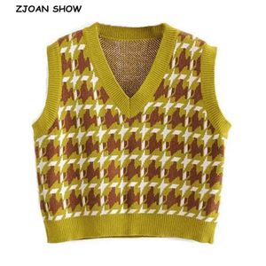 Preppy Style Check Plaid Knitted Sweater Vest Women 90s Vintage Korean Clothing V Neck Tank Top Y2K Knitwear Sleeveless 210429