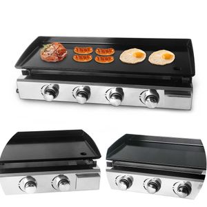 LPG BBQ Plancha Stainless Steel 2/3/4 Burners Gas Grill Steak Frying Griddle Plancha Enamel Cooking Plate Outdoor Teppanyaki 210724