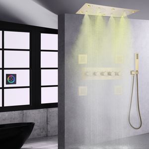 Duş musluklar sistemi fırçalanmış banyo altın yağış duş kafası termostatik mikser led masaj gövdesi jetleri seti