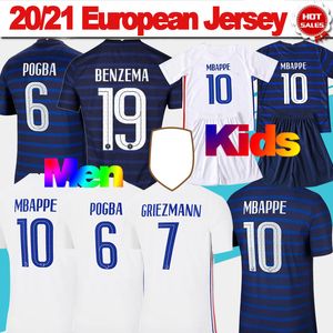 MBappe Benzema Soccer Jersey Griezmann Pogba Home Blue Nation Team Soccer Shirt Kante Mannen Volwassen Fan Versie Weg White White Football Uniform Kids Kit