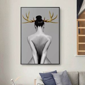 Nordic Girl With Antlers Wall Art Canvas Paintings For Living Room Prints and Posters Modern Decorative Painting