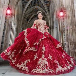 2022 Sexy Luxury Dark Red Quinceanera Dresses Gold Lace Appliques Crystal Beading Sweetheart Lace Up Back Ruffles Sweep Train Ball Gown Party Prom Evening Gowns