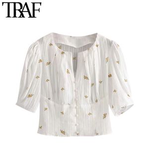 ONKOGENE Frauen Süße Mode Floral Stickerei Cropped Blusen Vintage Puff Sleeve Side Zipper Weibliche Shirts Chic Tops 210415