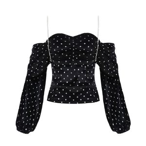 Women Velvet Top Slash Neck Strap Long Sleeve Cold Shoulder Polka Dot Sexy Short Cropped B0410 210514