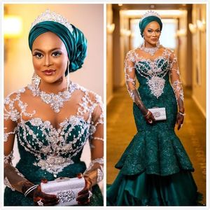Traditional Nigerian African Mermaid Evening Dresses Aso Ebi Hunter Green Lace Applique Beaded Long Sleeve Prom Party Reception Gown