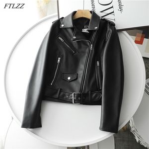 Spring Women Streetwear Biker Leather Jacket Slim Fit Turn Down Collar Coat Outwear with Belt Black Pu Faux 210430