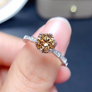 Chic 1 Champagne Crystal Morgan Zircon Diamonds Gemstones Rings for Women 6 Prongs Setting PT950 White Gold Color Jewelry