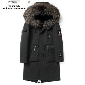 Parka in pelle da uomo in vera pelliccia Cappotto lungo invernale Fodera naturale Parka caldo Collo in procione con cappuccio Z8825 KJ2598