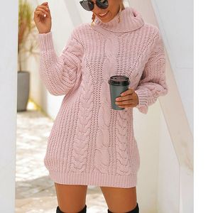 Autumn Winter Women Knitted Dress Long Sleeve Sexy Thick Warm Short Turtleneck Sweater 210415
