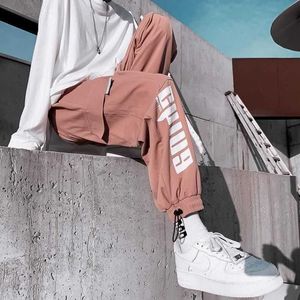 Techwear Cargo Pants for men women SS Korean loose straight ankle-length beam pants cool pink hip-hop casual sports trousers 210526