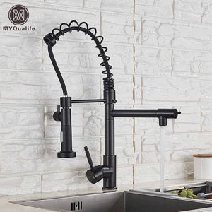 Matte Black Finish Dual Spout Kitchen Sink Faucet Deck Mount Spring Kitchen Mixer Tap Kitchen and Cold Water tap 210724