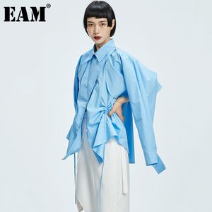 [EAM] Women Blue Big Size Strap Irregular Blouse Lapel Long Sleeve Loose Fit Shirt Fashion Spring Autumn 1DD7304 21512