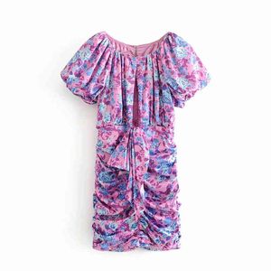 Women Sweet Stylish Floral Printed Ruffles Draped Mini Dress Vintage Sexy Hollow Out Back Buttons Zipper Female Dresses 210520