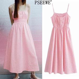 Sukienka Kobieta Pink Plaid Slip Long Women Summer Gingham Bez Rękawów Spaghetti Pasek Midi Beach Sundress 210519