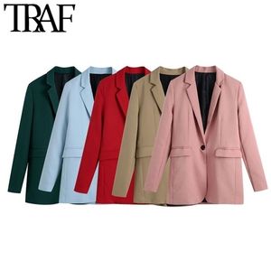 TRAF Women Fashion Office Wear Single Button Blazer Coat Vintage Long Sleeve Back Vents Female Outerwear Chic Veste 211122