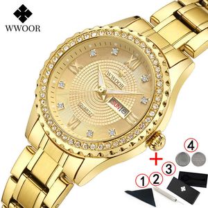 WWOOR Orologi Donna Famoso Marchio Oro Elegante Orologio da polso da donna Orologi da donna impermeabili Relogio Feminino 210527