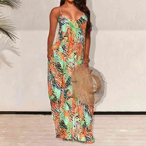 Damska sukienka Boho Floral Maxi Dresses V-Neck Sling Bez Rękawów Sundress Beach Elegancka Długa Długa Długa Dla Kobiet Casual Vestido 210521
