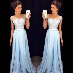 legant Light Sky Blue Prom Dresses Sheer Neck Cap Sleeves Appliqued Chiffon Floor Length Formal Dresses Modest Evening Gowns