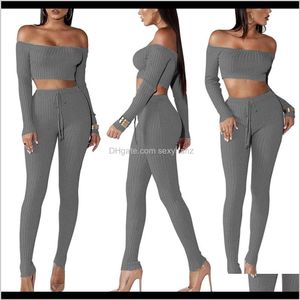 Tute Abbigliamento da donna Abbigliamento Drop Delivery 2021 Set da due pezzi Abiti Crop top elastico alto Pantaloni Casual Fitness Tute elasticizzate Donna Bl