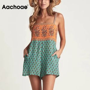 Summer Spaghetti Strap Women Playsuits Floral Print Holiday Beach Romper Sleeveless Vintage Lady Playsuit Ropa Mujer 210413