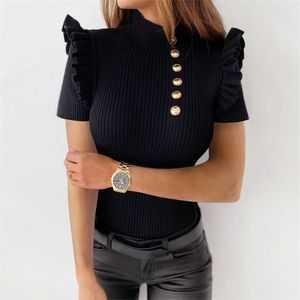 Women Black T-shirts Casual Half High Collar Ruffle Short Sleeve Button Solid Pullover Tops Fashion Summer Rib knit Slim Tshirts 210522