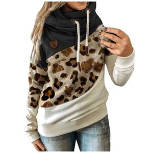 Women's Hoodies & Sweatshirts Women Leopard Patchwork Hooded Sweatshirt Turtleneck Warm Long Sleeve Printed Female Drawstring Pullovers Autu