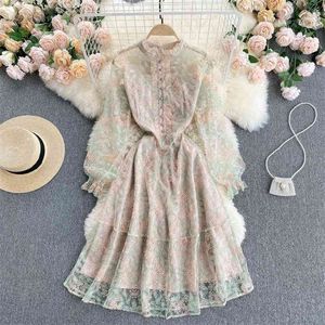 Women Fashion Spring Sweet Wood Ear Stand Collar Slim Embroidery Lace A-line Dress Elegant Clothing Vestidos S260 210527