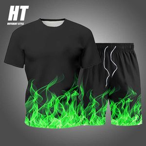Summer Men's Sets Mens 2 Piece Outfit Sweat Suits Men Flame 3D Print T-Shirt+Shorts Male Sportswear Casual Fashion Tracksuit 210603