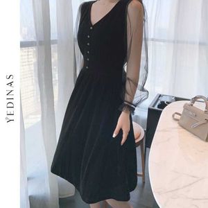 Yedinas Kobiety Eleganckie Gothic Black Sukienka Long Lantern Siatki Sleeve Sexy V-Neck Party Dresses Panie Vestidos Mujer Jesień Wiosna 210527