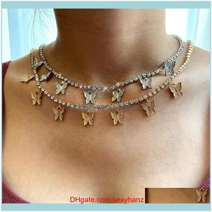 Anhänger Schmucktrendige süße Iced Out Strass Schmetterling Halsband Halskette für Frauen böhmische Tenniskette Doppelschicht Schmuck Geschenk Anhänger