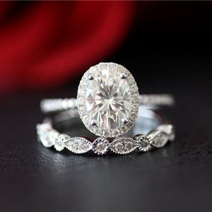 Сплошное 14k белое золотое кольцо установить овальный обрез 8x6mm 1.5CT Moissanite Обручальное кольцо полосы спички для женщин