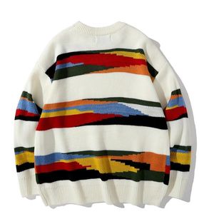 Herrtröjor Harajuku Vintage Rainbow Stickad tröja Herr Vinterkläder Randig Oversized Rock Pullover Dam Jumper Ugly