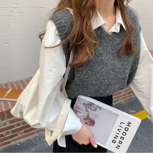 3Colors Spring and Autumn Korean Preppy Style V Neck Knitted Ärmlös Vest Sweaters Womens Pullovers Västar (x1851) 210508