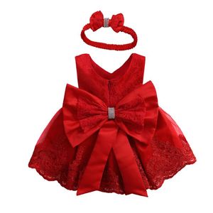 Kläder Sats Babys kläder Baby Princess Girls Dress Chopening Lace Bröllopsfest Barn Formell Headband Sommar Barnens