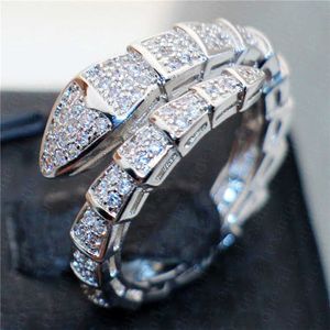 Brand 925 Sterling Silver Snake Rings for Women Luxury Pave Diamond Engagement Ring Wedding white topaz Jewelry Stamped 10kt
