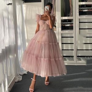 Pink Puffy Tulle Short Prom Dresses Spaghetti Straps Ankle Length Formal Gowns Fairt Party Dress Plus size