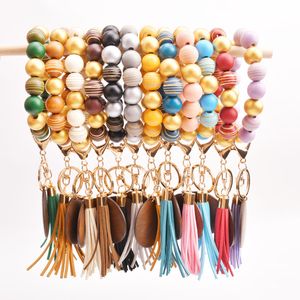 Renkli ahşap boncuk anahtarlık moda kişiselleştirilmiş püskül bilezik anahtarlık kadınlar için 17 renkler