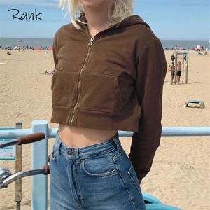 Brun indie estetiska zip upp hoodies kvinnor vintage 90s beskurna sweatshirts patchwork fickor rosa e tjej pullover toppar jacka kvinnors