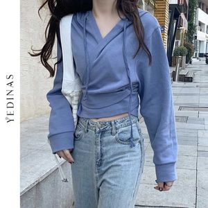 Yedinas Herbst Solide Crop Hoodie Koreanischen Stil Sweatshirt Frühling Harajuku Casual Mode Langarm Frauen Pullover Tops Blusas 210527