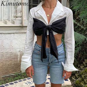 Kimutomo Casual Patchwork Short T-shirts Kvinnor Fake Two Piece Bow Contrast Färgpanel Exponera Navel Sexiga Toppar Vår 210521