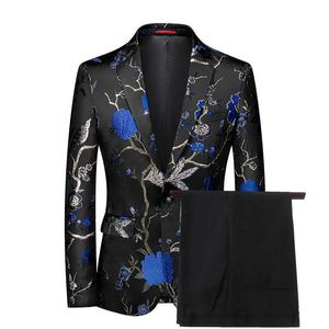 2021 Kraliyet Mavi Damat Erkekler Balo Slim için Takım Elbise Slim Fit Jakarlı Düğün Smokin 2 Parça Erkek Moda Özel Kostüm Blazer Siyah Pantolon X0909