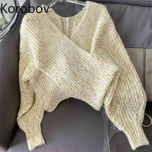 Korobov Koreansk stil Stickad tröja Kvinnor V Neck Långärmad Pullover Jumpers Cross Design Casual Toppar Ny Chic Pull Femme 210430