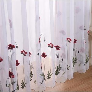Clássico branco puro cortina de flor vermelha bordada tule para sala de estar simples janela pastoral tela voile cortinas 211203